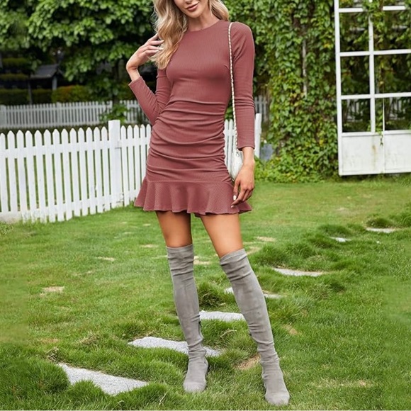 Long Sleeve Ruffle Knit Ruched Dress - Picture 2 of 13